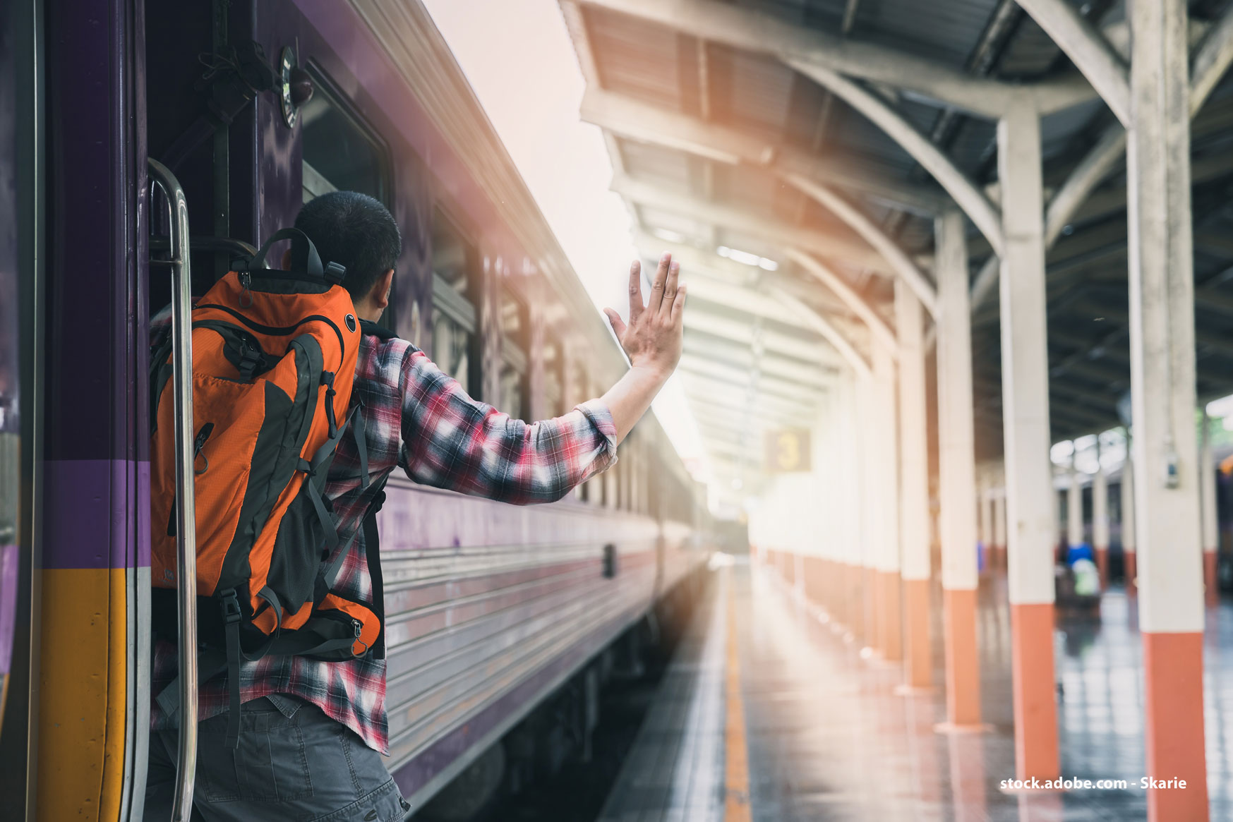 Ein Zug steht am Bahngleis und eine Person mit Rucksack winkt aus der offenen Zugtür heraus.