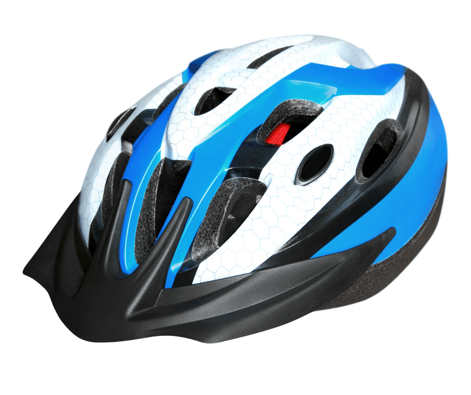 Foto eines blau-weißen Fahrradhelms.