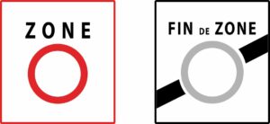 Abbildung der französischen Straßenschilder für Beginn und Ende einer Umweltzone