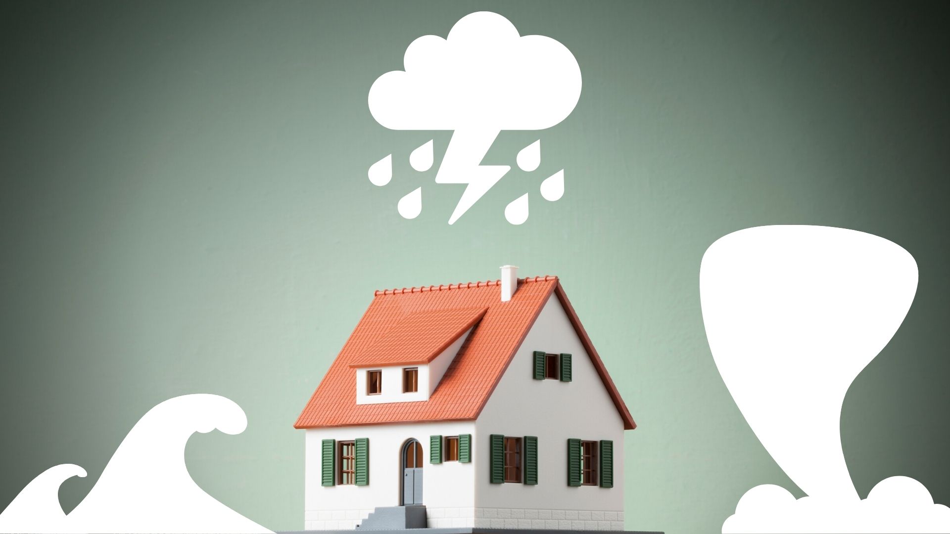 Ein Spielzeughaus wird von gezeichneten Naturgefahren bedroht: Überschwemmung, Gewitter und Wirbelsturm.