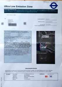 Zahlungsaufforderung nach unerlaubter Durchfahrt durch die Londoner Umweltzone (ULEZ)