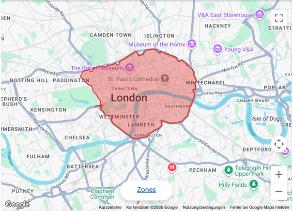 Bildschirmfoto eines Stadtplans von London, auf dem die Zone der Congestion Charge rot markiert ist.
