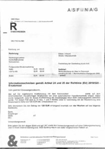 Beispielbrief der ASFINAG mit Zahlungsaufforderung für eine Ersatzmaut in Österreich.