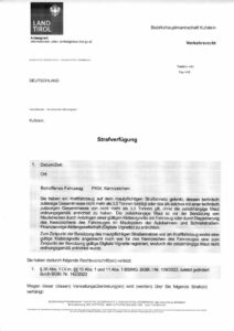 Beispiel einer Strafverfügung des Landes Tirol wegen nicht bezahlter Maut.